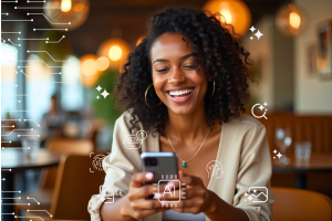 Mulher negra sorridente usando o celular em um ambiente de café moderno, com ícones flutuantes de inteligência artificial ao redor, como chip de IA, robô, digital e cérebro digital. A imagem representa o uso leve e acessível da tecnologia no dia a dia.