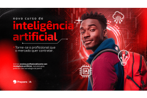Jovem com mochila, cercado por elementos gráficos de tecnologia e inteligência artificial, ao lado da frase: "Novo curso de Inteligência Artificial – Torne-se o profissional que o mercado quer contratar", na identidade visual da Prepara IA.