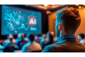 Jovem assiste a uma palestra sobre inteligência artificial, refletindo o crescente interesse pela graduação em tecnologia como caminho para atuar nessa área promissora. 