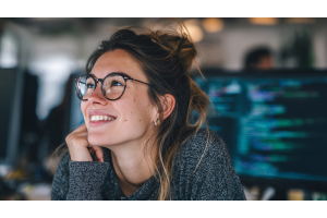 Mulher loira jovem sorridente em ambiente de trabalho com computadores ao fundo, representando como a inteligência artificial pode transformar o futuro profissional
