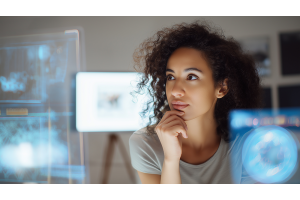 Jovem pensativa diante de interfaces digitais, simbolizando os desafios e oportunidades do primeiro emprego na era da inteligência artificial. 
