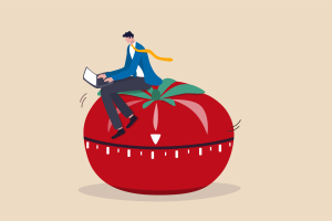 Ilustração de um profissional sentado em um grande cronômetro de cozinha no formato de tomate, representando a técnica Pomodoro. O método ajuda na gestão de tempo para aumentar a produtividade.