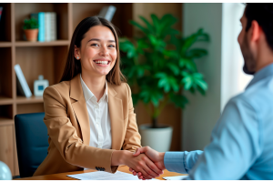 Mulher sorridente em uma entrevista de emprego, vestindo um blazer bege e apertando a mão do recrutador.