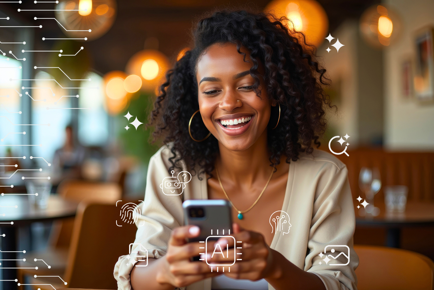 Mulher negra sorridente usando o celular em um ambiente de café moderno, com ícones flutuantes de inteligência artificial ao redor, como chip de IA, robô, digital e cérebro digital. A imagem representa o uso leve e acessível da tecnologia no dia a dia.