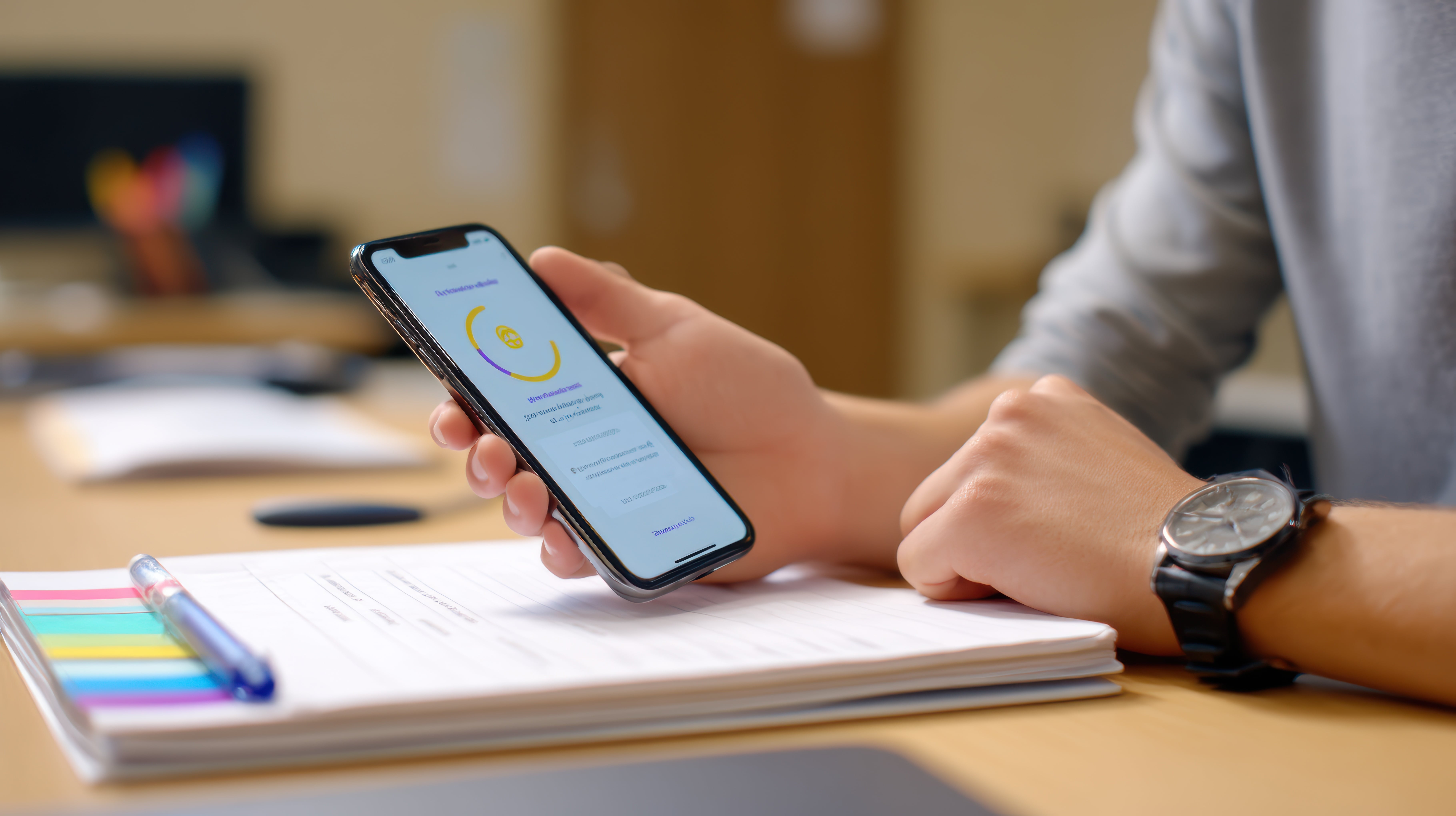Estudante utilizando aplicativo de planejamento de estudos no celular, acompanhando o progresso e organizando atividades de forma digital.